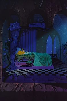 an animated scene with a sleeping woman on a bed