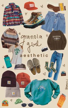 Colorful Camping Outfit, Hikecore Aesthetic Outfit, Granola Vacation Outfits, Appalachian Outfits, Ecologist Outfit, Mountain Core Outfits, 70s Granola Aesthetic, Girly Granola Aesthetic, Five Panel Hat Outfit