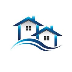 two houses in the water with blue waves around them logo design for real estate company