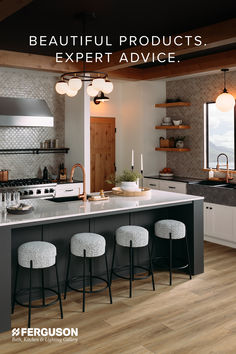 a kitchen with an island and bar stools in front of the counter top that says, beautiful products expert advice