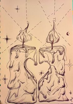 a drawing of two candles in the shape of mountains