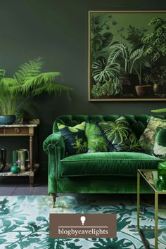 a living room with green furniture and plants