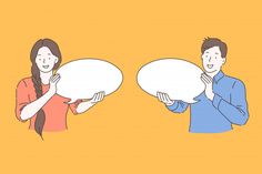 two people holding up speech bubbles in front of them