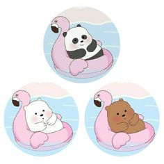 three stickers depicting pandas and other animals floating on an inflatable raft