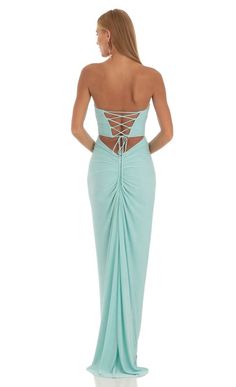 Cowl Neck Mermaid Maxi Dress in Blue | LUCY IN THE SKY Los Angeles, Angeles, Tiffany Blue Prom Dress, Aqua Prom Dress, Tiffany Blue Dress, Themed Prom Dresses, Mint Green Prom Dress, Prom Dress Inspo, Strapless Prom Dresses