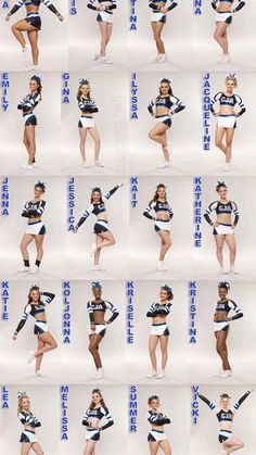 several pictures of cheerleaders in various poses with their name written on the side