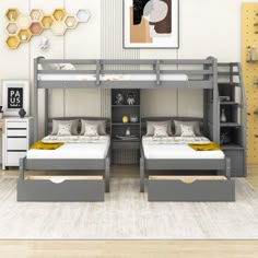 the bunk beds are made up in different styles and colors, but each bed has its own storage compartment