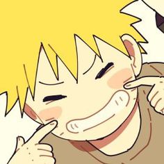 a young man with yellow hair is smiling and pointing at his finger to his nose