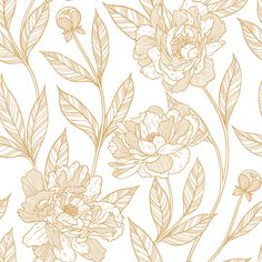 a floral pattern with gold flowers and leaves on a white background