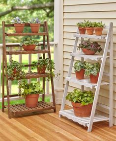 three tiered plant stand with potted plants on it