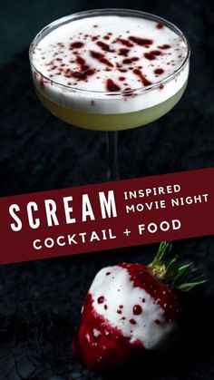 scream inspired movie night | Scream cocktail and food recipes | peanut butter whiskey sour recipe and white chocolate dipped strawberries Scream Dinner And Movie, Slasher Party Food, Scream Themed Drink, Slasher Themed Cocktails, Horror Movie And Dinner, Horror Alcohol Drinks, Horror Movie Themed Food Ideas, Slasher Movie Party Food, Jason Voorhees Food Ideas