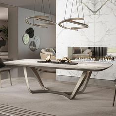 a modern dining room with marble table and chandelier hanging from the ceiling above it