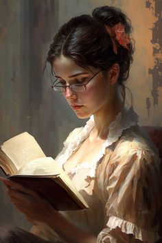 a painting of a woman reading a book with glasses on her head and hair in pigtails