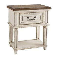 an antique white nightstand with drawer and shelf on the bottom, against a white background