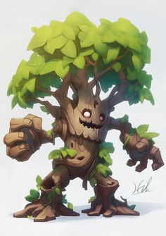 an image of a cartoon tree with eyes and hands on it's face, standing in front of a white background