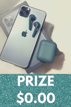 an iphone and earbuds sitting on top of a box with the words prize $ 0 00