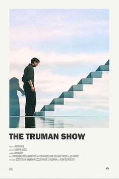 the truman show movie poster with man standing in water next to stairs and woman looking down