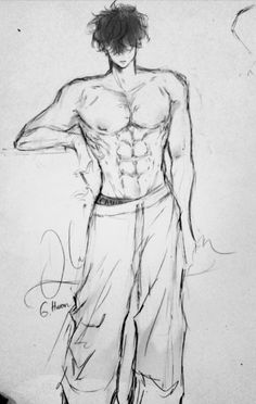 a drawing of a man with no shirt on standing in front of a white wall