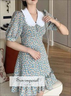 Women Chiffon Short Puff Sleeve Vintage Floral Print Peter Pan Collar Mini Dress bohemian style