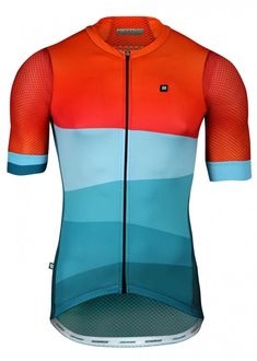 an orange, blue and white cycling jersey