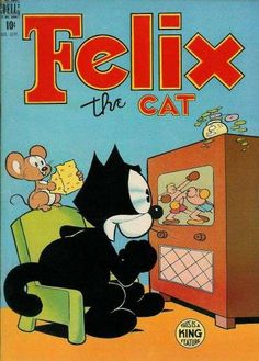 an old comic book cover with a cat sitting in a chair next to a tv