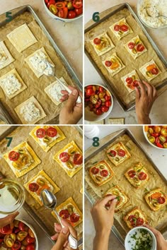 four pictures showing how to make homemade pizzas with tomatoes and cheese on top, then cut them into small squares