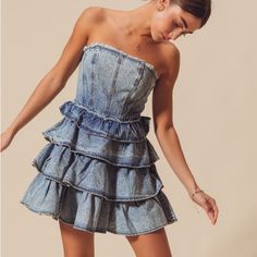 Girl It’s Concert Season! Get Your Boots On, Let Your Hair Down! You Are Born To Struck This Dress! Strapless, Denim, Mini Dress Denim Ruffle Dress, Leisure Dress, Junior Party Dresses, Single Dress, Graduation Pics, Sequin Evening Gowns, Navy And White Dress, Let Your Hair Down, Hair Down