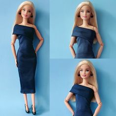 four photos of a barbie doll wearing a blue dress