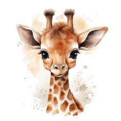 a watercolor painting of a giraffe's face with big, brown eyes