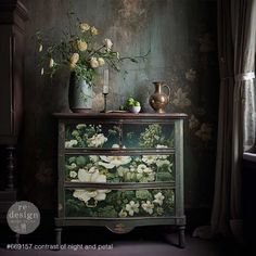 an old dresser with flowers painted on it