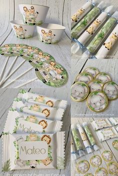 baby shower party supplies with jungle animals and giraffes on them, including paper plates