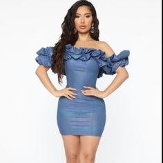 Fashion Nova Feeling Just Right Bodycon Mini Dress With Off The Shoulder Ruffles -M Blue Fitted Mini Dress With Ruffles, Blue Ruffled Bodycon Party Dress, Blue Ruffled Bodycon Dress For Party, Spring Blue Bodycon Dress With Ruffles, Blue Bodycon Dress With Ruffles For Spring, Blue Ruffled Bodycon Dress For Summer, Blue Bodycon Dress With Ruffles For Summer, Blue Ruffled Bodycon Dress For Date Night, Sheer Lace Bodycon Dress