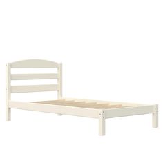 a white bed frame with wooden slats on the top and bottom sides, against a white background