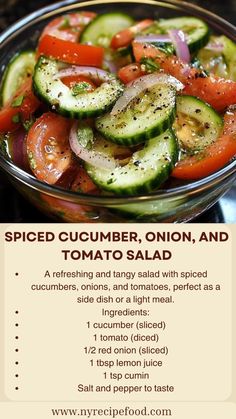 a bowl filled with sliced cucumber, onion and tomato salad on top of a table