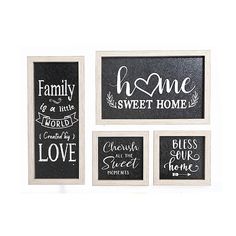 four framed chalkboard signs with the words home, sweet home and love