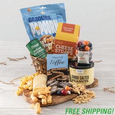 Southern Season Everybody's Favorite Gift Basket Fruit Assortment, Dipped Fruit, Savory Popcorn, Popcorn Mix, Salted Peanuts, Chocolate Dipped Fruit, Savory Treats, Fruit Cookies, Cheese Straws