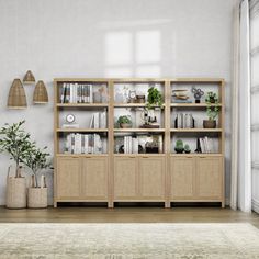 a living room filled with lots of furniture next to a wall mounted book shelf and potted plants