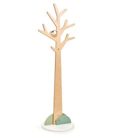 a wooden tree with two birds perched on it's branches in front of a white background