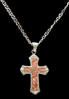 Silver & Copper Western Cross Necklace with Engraving Details: Silver and copper cross pendant with engraved accents and clear stone 18" silver tone chain Pendant measures approximately 1 7/8" X 1 1/4" Lead & nickel free Western Cross Necklace, Smith And Western, Western Rings, Western Bracelets, Western Cross, Western Necklaces, Western Purses, Western Belt Buckles, Western Earrings