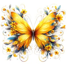 a yellow butterfly with blue wings and flowers on it's wings, painted in watercolor