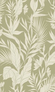 a green and white wallpaper with leaves