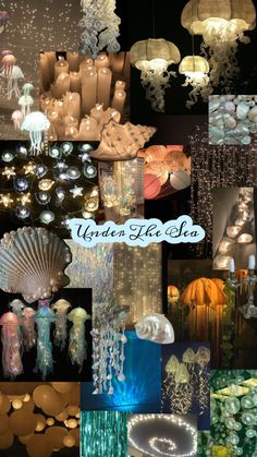 a collage of photos with lights and jellyfishs in the ocean, under the sea