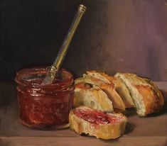 a painting of bread and jam on a table