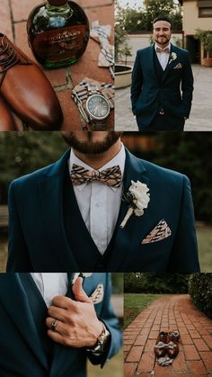 a man in a blue suit and bow tie with his hand on his pocket while wearing some shoes