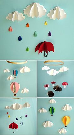 several different pictures of umbrellas and clouds