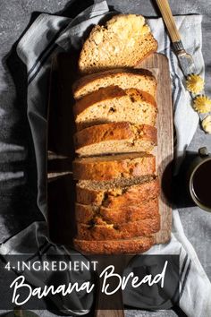 A loaf of 4-ingredient banana bread sliced into 9 slices. One slice is buttered. Homemade Banana Bread, 4 Ingredient Recipes, Baking Recipes Cookies, Banana Bread Recipe, Fool Proof Recipes