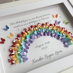 a white frame with colorful paper butterflies in the shape of a rainbow on it's side