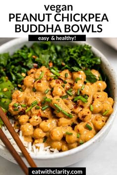 vegan peanut chickpea buddha bowls in a bowl with chopsticks on the side