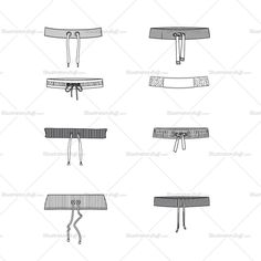 six different types of belts with ties on each side and one belt tied up to the other