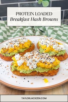 three toasted breakfast hash browns on a white plate with green and yellow sprinkles